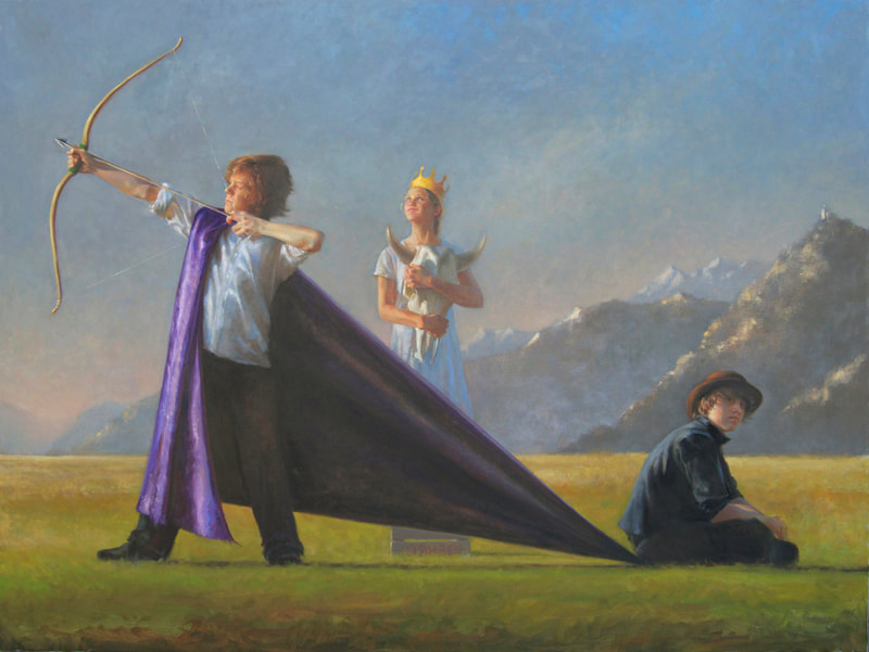 bow and arrow, crown, purple cape, black hat, landscape, mountains, field, figurative art, melinda borysevicz artist