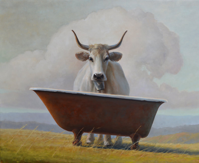 white cow, painting, cow painting, podolica, bathtub, italian landscape