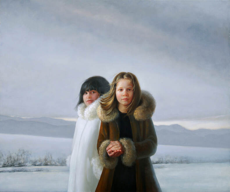 winter, twins portrait, portrait painting, girls fur snow
