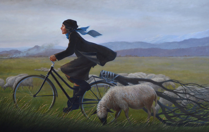 bicycle, black, blue scarf, sheep, landscape, mountains, field, figurative art, melinda borysevicz artist